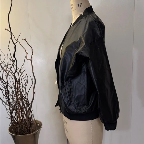Women's Black Bomber Jacket faux leather - Picture 3 of 6